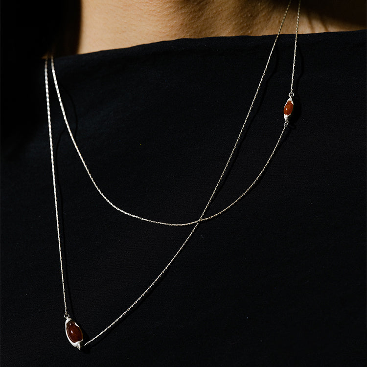 QIQI Stream Amber Engraved Long Silver Necklace