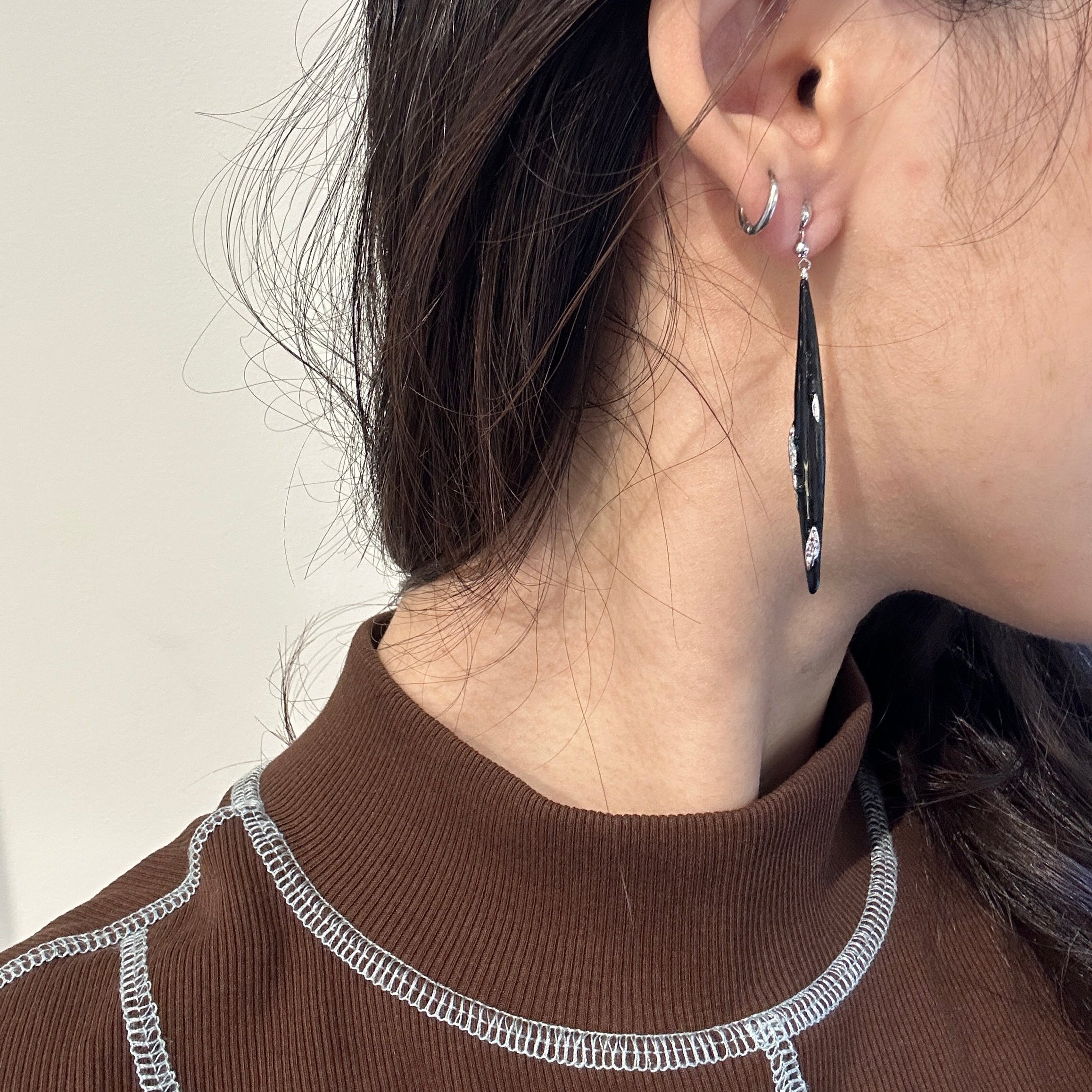 Hanying East of the Sun and West of the Moon Pine Needle Earrings with Black Enamel