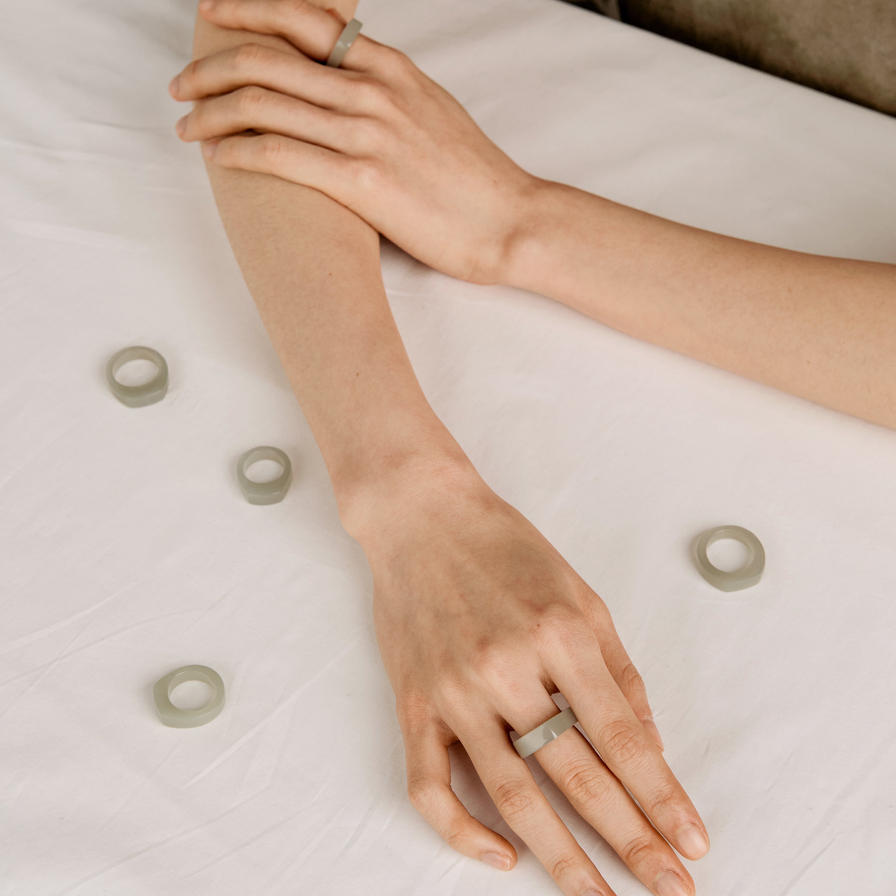 L'ELEMENTO Hetian White Green Jade Ring